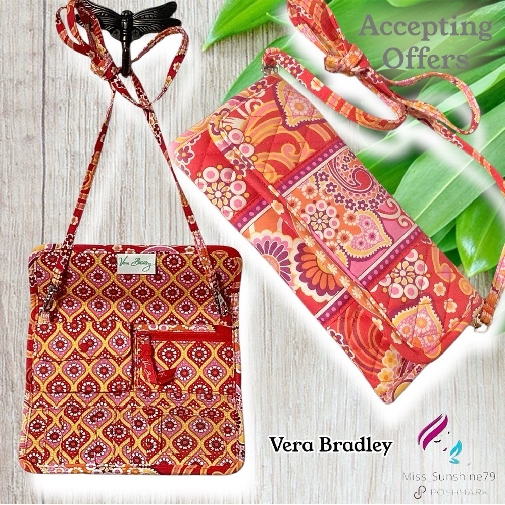 Vera Bradley - red floral patterned shoulder bag / wallet - shopping buddy